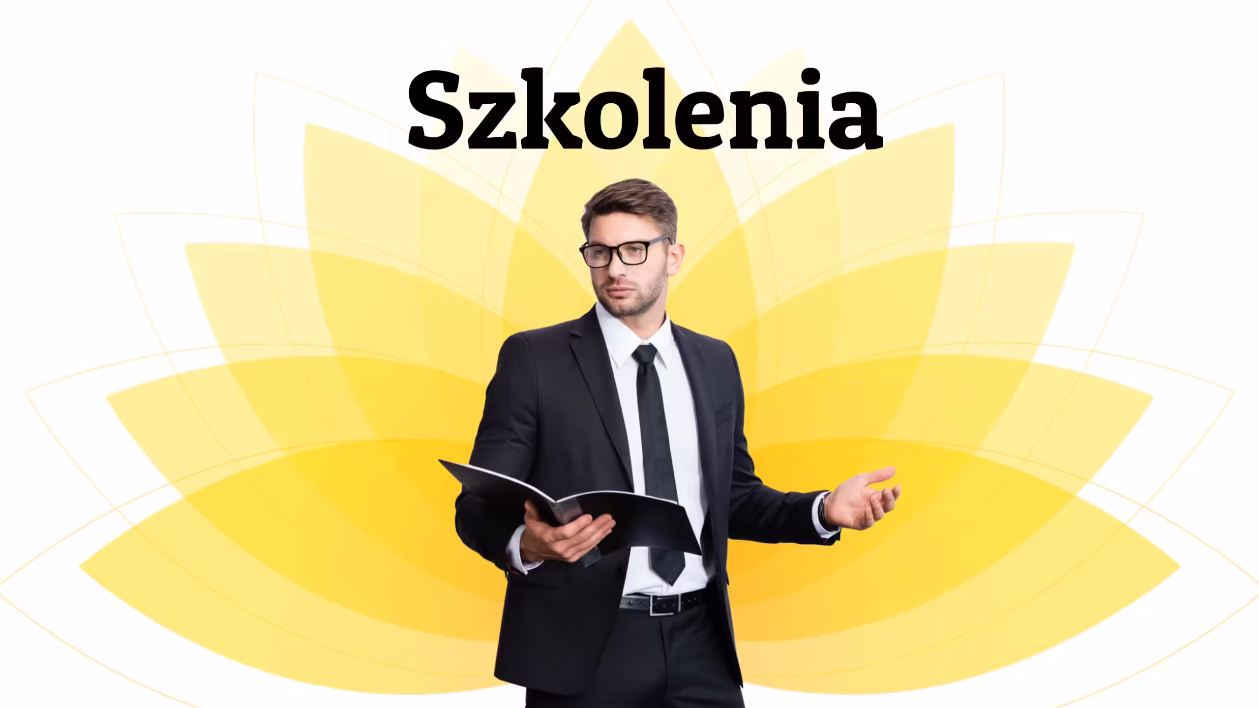 mężczyzna wykładowca w eleganckim czarnym garniturze prowadzi szkolenie
